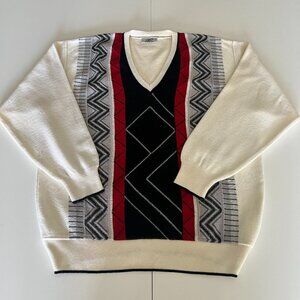 Vintage Gabicci Sweater V-Neck Mens XL Cream Wool Blend Retro Modern Classic
